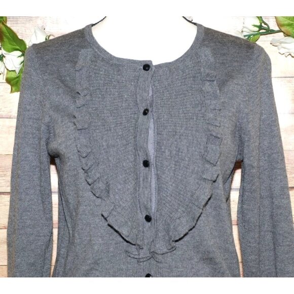 Ann Taylor Ladies Gray Button Ruffle Up Cardigan Sweater Size S Cashmere Wool - Picture 2 of 9